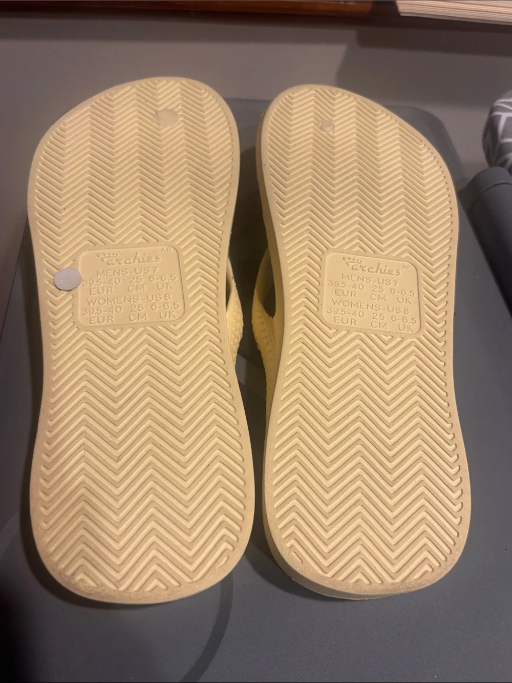 Archie's Classic Women's Flip Flop Sandals in Butter yellow-worn twice